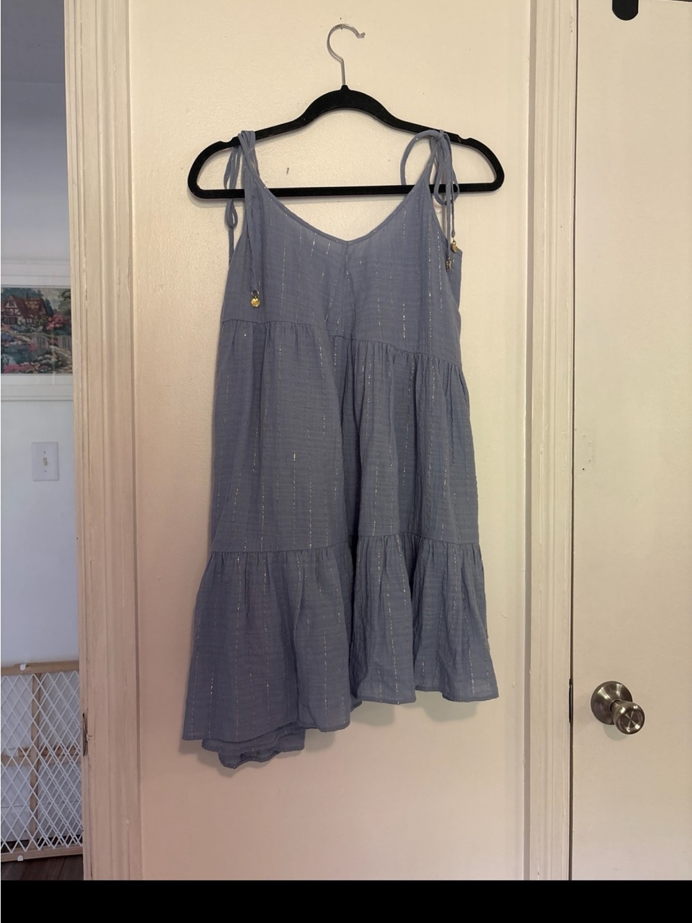 aerie Light Blue Sundress with Gold Metallic Stripes